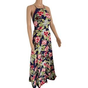 Lulus Floral Maxi Dress L Strappy Open Back Summer Vaca Tropical Boho Sundress